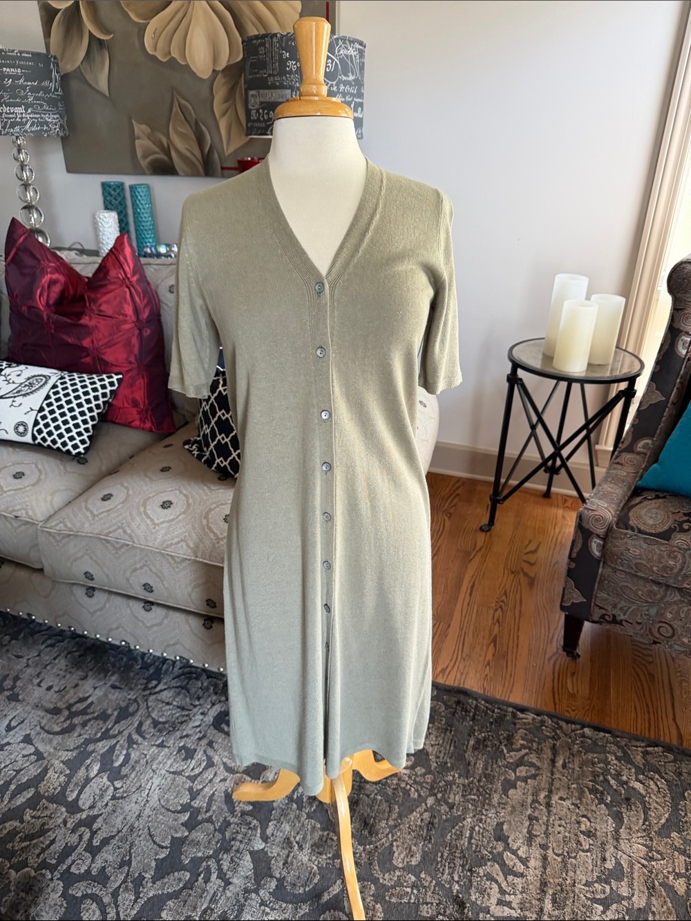 J Jill Light Olive Button-Front V-Neck Women’s open cardigan or dress